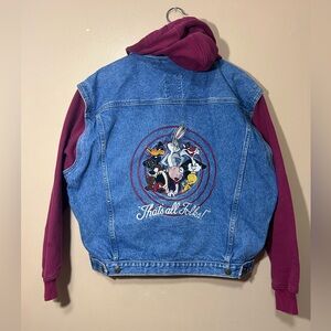 Vtg Looney Tunes Classic Wear Jean Jacket Vest Sweatshirt Hoodie Men’s Sz Med
